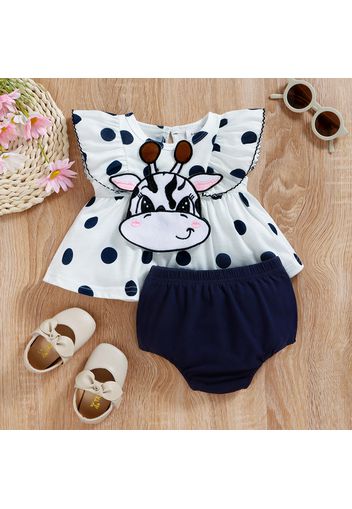 2pcs Baby Girl 95% Cotton Shorts and Cartoon Cow Polka Dots Sleeveless Ruffle Top Set