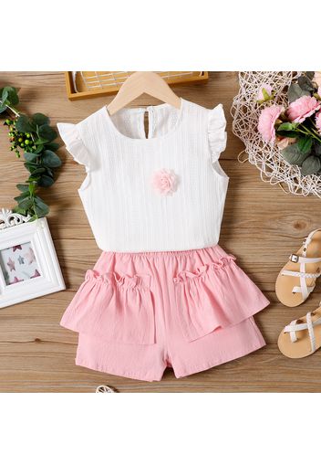 2pcs Kid Girl Floral Design Textured Flutter-sleeve White Tee and Ruffled Shorts Set