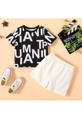 2-piece Toddler Boy Letter Print Short-sleeve Black Tee and Elasticized White Shorts Set