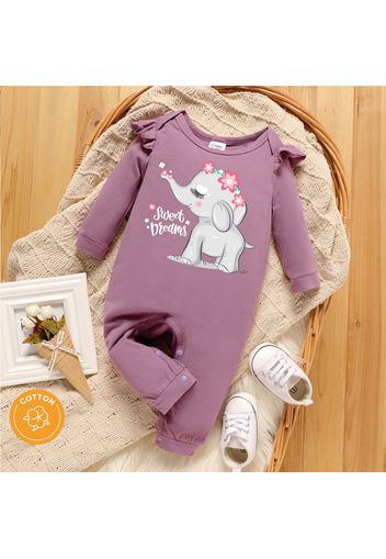 Baby Girl 95% Cotton Ruffle Long-sleeve Cartoon Elephant and Letter Print Jumpsuit