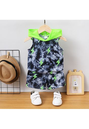 2pcs Baby Boy All Over Lightning Print Tie Dye Hooded Tank Top and Shorts Set