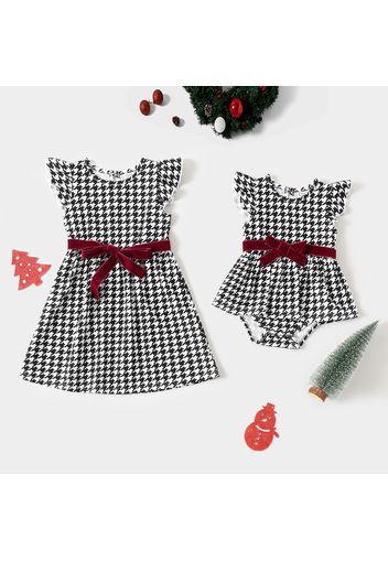 Houndstooth Round Neck Flutter Sleeve Belted Dress for Sister and Me