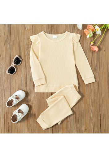 2-piece Toddler Girl Ruffled Solid Waffle Long-sleeve Top and Pants Set