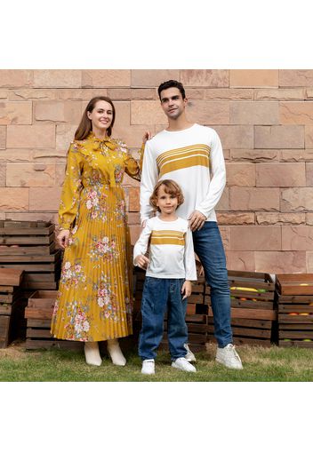 Floral Print Yellow Series Long-sleeve Family Matching Sets(Self-tie Ruffle Pleated Dresses and Striped T-shirts)