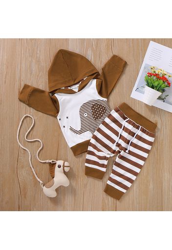 2pcs Striped Elephant Print Hooded Long-sleeve Baby Set