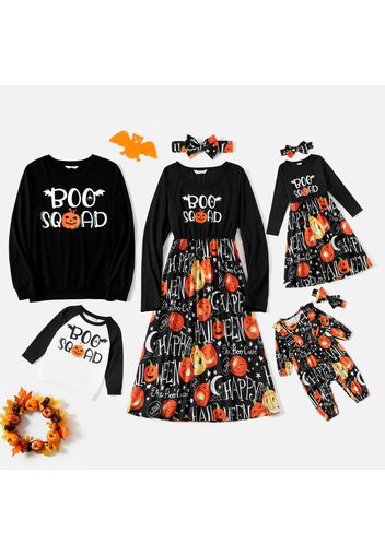 Halloween Pumpkin Letter Print Black Family Matching Long-sleeve Splicing Dresses and Sweatshirts Sets