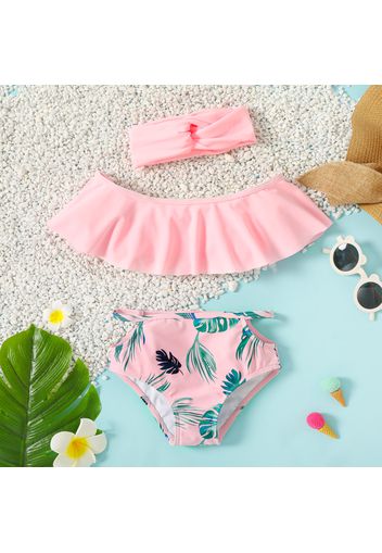 3pcs Toddler Girl Solid Top and Leaf Allover Shorts with Headband Swimsuit Set