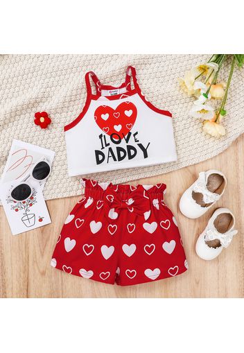 Father's Day 2pcs Toddler Girl Letter Heart Print Camisole and Bowknot Design Red Shorts Set