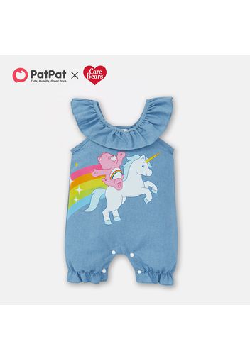 Care Bears Baby Girl 100% Cotton Imitation Denim Bear and Unicorn Print Ruffled Collar Sleeveless Jumpsuit