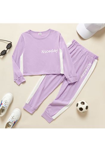 2-piece Kid Girl Letter Print Colorblock Long-sleeve T-shirt and Elasticized Pants Casual Set