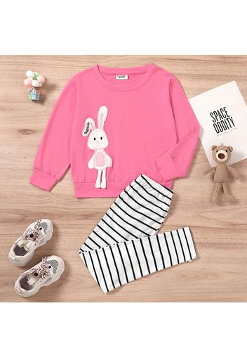 2-piece Kid Girl Cute Rabbit Print Pink Sweatshirt and Stripe Leggings Set