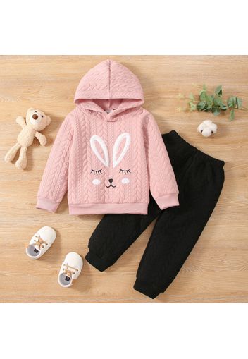 2-piece Toddler Girl Rabbit Embroidered Cable Knit Textured Hoodie Sweatshirt and Black Pants Set