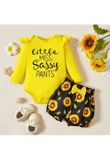 2pcs Baby Girl Letter Print Yellow Long-sleeve Romper and Sunflower Floral Print Bloomers Shorts Set