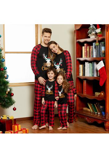 Merry Christmas Letter Antler Print Plaid Splice Matching Pajamas Sets for Family (Flame Resistant)