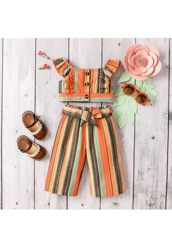 2pcs Baby Girl Button Front Striped Ruffle Trim Flutter-sleeve Crop Top and Belted Pants Set