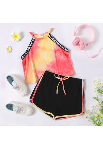 2-piece Kid Girl Letter Print Tie Dyed Halter Top and Bowknot Design Shorts Set