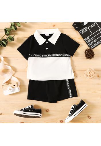 2pcs Toddler Boy Letter Print Colorblock Short-sleeve Polo Shirt and Elasticized Shorts Set