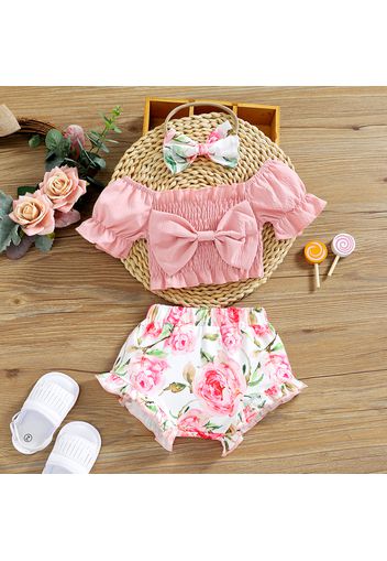 3pcs Baby Girl Pink Off Shoulder Puff-sleeve Bowknot Shirred Crop Top and Floral Print Shorts with Headband Set