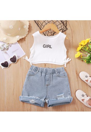 2pcs Toddler Girl Letter Print Bowknot Design Sleeveless White Tee and Ripped Denim Shorts Set