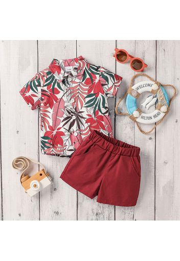 2pcs Baby Boy Short-sleeve Allover Tropical Plant Print Hawaiian Shirt and Solid Shorts Set