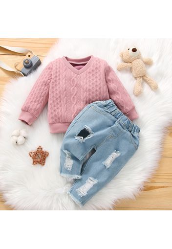 2pcs Baby Girl Imitation Knitting Long-sleeve Pullover and Ripped Jeans Set