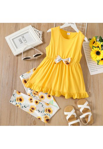 2-piece Kid Girl Floral Print/Solid Color Ruffled Sleeveless Bowknot design Top and Leggings Set