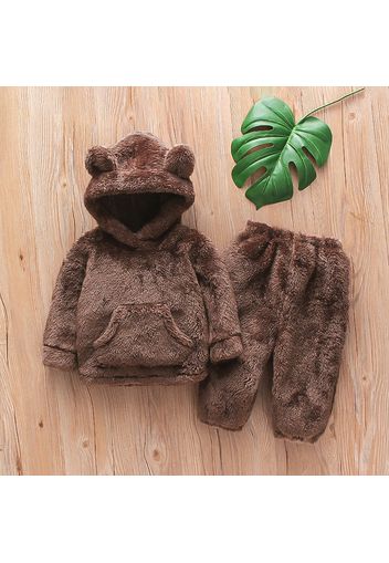 2pcs Baby Solid Thickened Fleece 3D Ears Long-sleeve Hoodie and Pants Set