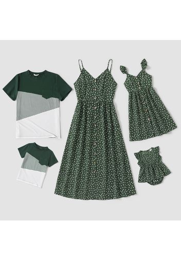 Family Matching Allover Floral Print Button Front V Neck Cami Dresses and Colorblock Pinstriped Short-sleeve T-shirts Sets