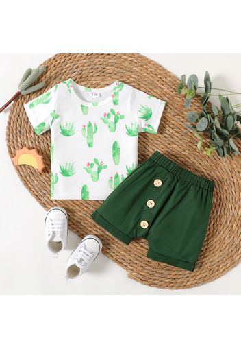 2pcs Baby Boy/Girl 100% Cotton Button Front Shorts and Allover Cactus Print Short-sleeve T-shirt Set