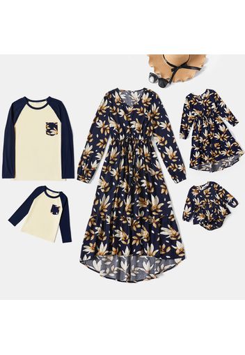 Family Matching All Over Floral Print V Neck Long-sleeve Irregular Hem Dresses and T-shirts Sets