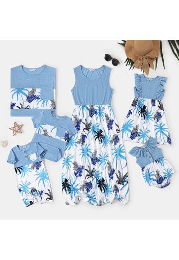 Family Matching Blue Splicing All Over Plants Print Tank Dresses and Short-sleeve T-shirts Sets