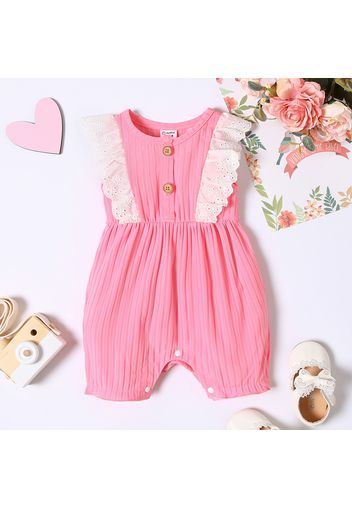 Baby Girl Ruffle Ribbed Pink/White Cartoon Elephant Print Short-sleeve Romper