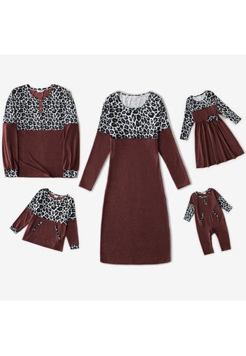 Family Matching Contrast Leopard Long-sleeve Dresses and Top Sets