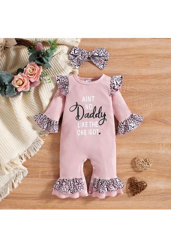 2pcs Baby Girl Letter Print Pink Ribbed Long-sleeve Splicing Leopard Ruffle Jumpsuit with Headband Set