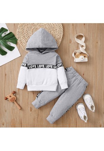 2pcs Letter Print Splice Color Block Hooded Long-sleeve Baby Set