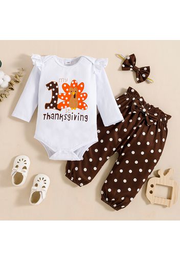 Thanksgiving 3pcs Baby Girl Cartoon Turkey and Letter Print Long-sleeve Romper and Polka Dots Trousers Set