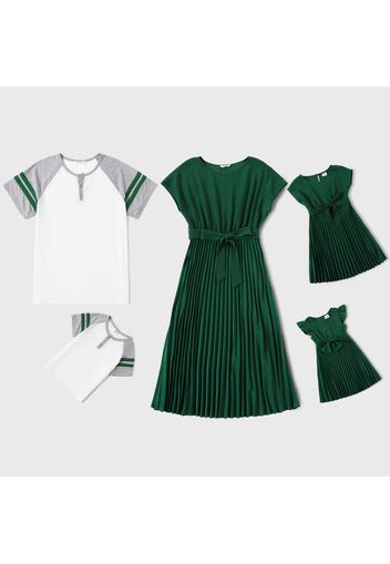 Family Matching Dark Green Drop Shoulder Belted Pleated Dresses and Raglan-sleeve T-shirts Sets