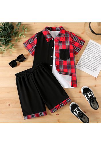 2pcs Kid Boy Lapel Collar Plaid Colorblock Short-sleeve Tee and Elasticized Shorts Set