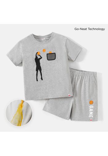 Go-Neat 2pcs Kid Boy Water & Stain Resistant Basketball Figure Print Breathable Tee ans Shorts Set