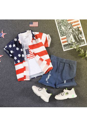 Independence Day 2pcs Toddler Boy Ripped Denim Shorts and Lapel Collar Shirt Set