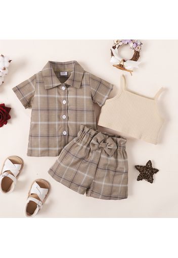 3pcs Baby Girl Ribbed Camisole and Plaid Short-sleeve Shirt with Shorts Set