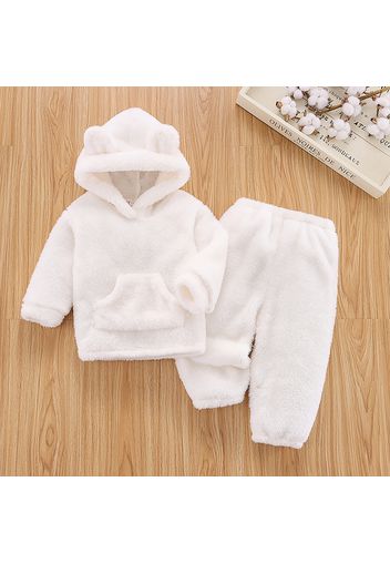 2pcs Baby Solid Thickened Fleece 3D Ears Long-sleeve Hoodie and Pants Set