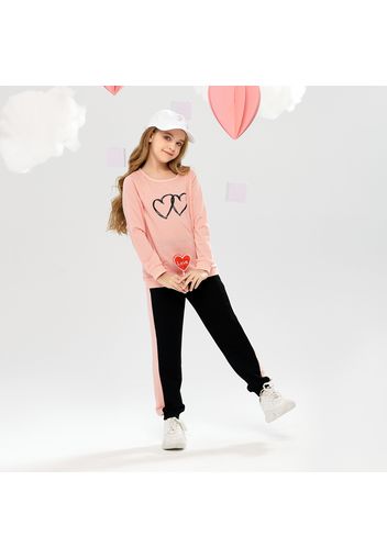 2-piece Kid Girl Heart Print Sweatshirt and Colorblock Pants Set