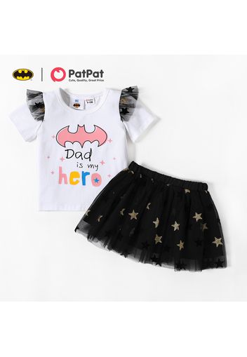 Batman 2pcs Baby Girl 95% Cotton Short-sleeve Graphic Top and Glitter Stars Mesh Skirt Set