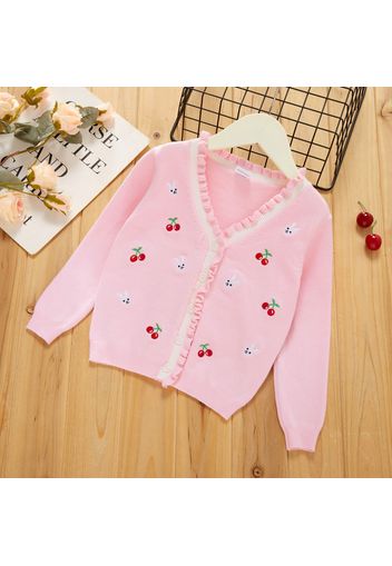 Toddler Girl Cherry Rabbit Embroidered Ruffled Button Design Sweater