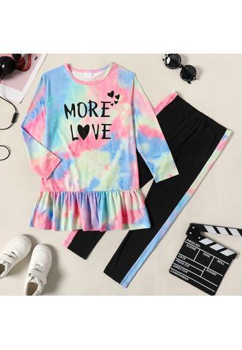 2-piece Kid Girl Letter Print Tie Dye/Yellow Ruffle Hem Long-sleeve Top and Pants Set