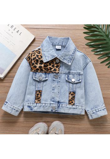 Toddler Girl Leopard Print Lapel Collar Button Design Denim Jacket