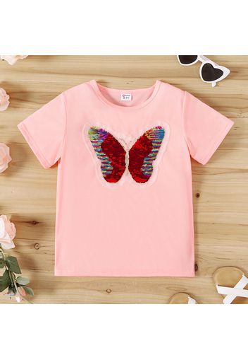 Kid Girl Butterfly Pattern Flip Sequin Short-sleeve Tee