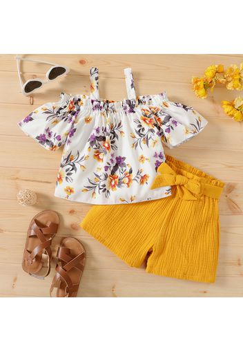 2pcs Kid Girl Floral Print Ruffled Off Shoulder Short-sleeve Strap Blouse and Belted Shorts Set