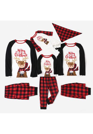 Merry Christmas Reindeer and Letter Print Raglan Long-sleeve Plaid Design Family Matching Pajamas Sets (Flame Resistant)